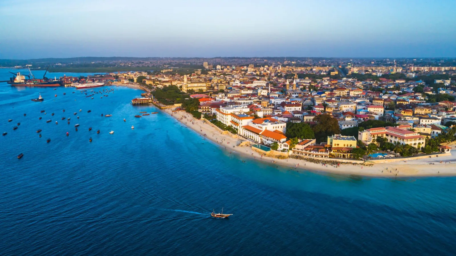 Aerial view of Stone Town and its Indian Ocean waterfront