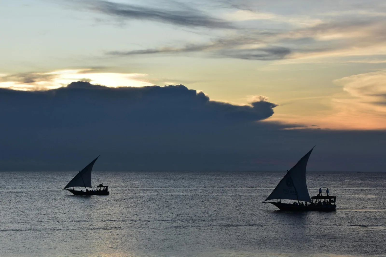 Traditional dhows sailing at sunset in Zanzibar
